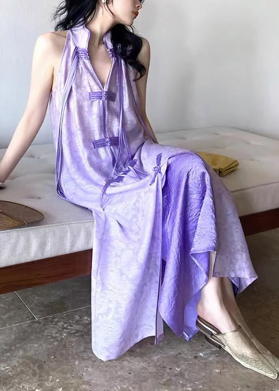 Women Purple Stand Collar Asymmetrical Button Tassel Maxi Dresses Summer
