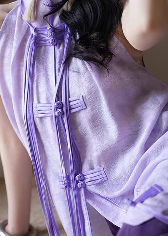 Women Purple Stand Collar Asymmetrical Button Tassel Maxi Dresses Summer