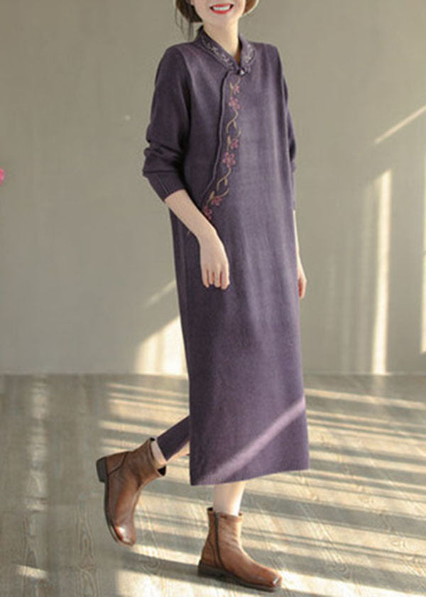 Women Purple Stand Collar Embroideried Knit Sweater Dress Winter