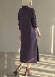 Women Purple Stand Collar Embroideried Knit Sweater Dress Winter