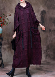 Women Purple Striped Silk Cotton Hooded Dresses Long Sleeve