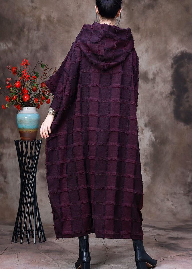 Women Purple Striped Silk Cotton Hooded Dresses Long Sleeve