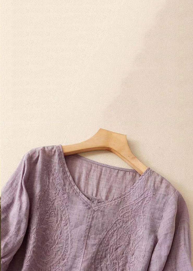 Women Purple V Neck Embroidered Linen T Shirt Summer
