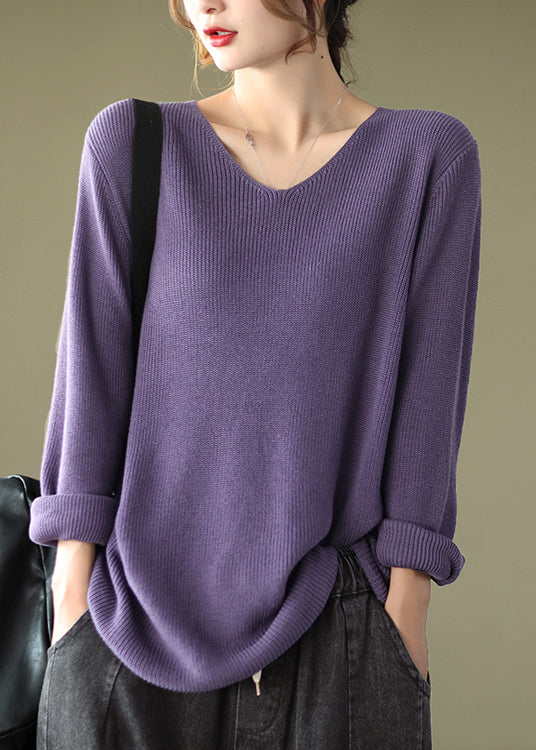 Women Purple V Neck Patchwork Knitting Cotton Tops Long Sleeve