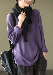 Women Purple V Neck Patchwork Knitting Cotton Tops Long Sleeve