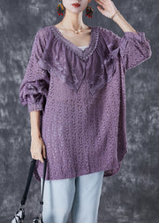 Women Purple V Neck Patchwork Lace Shirts Fall