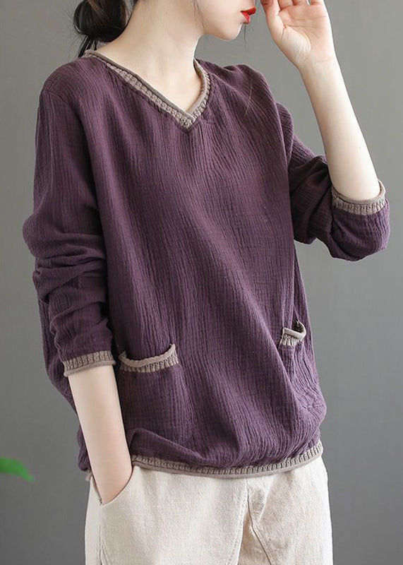 Women Purple V Neck Pockets Patchwork Cotton Top Fall