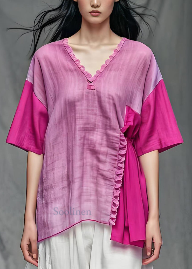 Women Purple V Neck Ruffled Patchwork Cotton Tops Summer