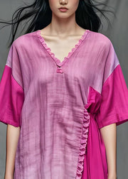 Women Purple V Neck Ruffled Patchwork Cotton Tops Summer