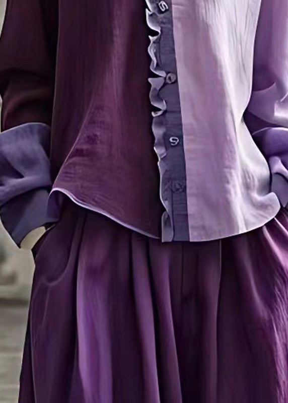 Women Purple V Neck Ruffled Patchwork Tops Long Sleeve