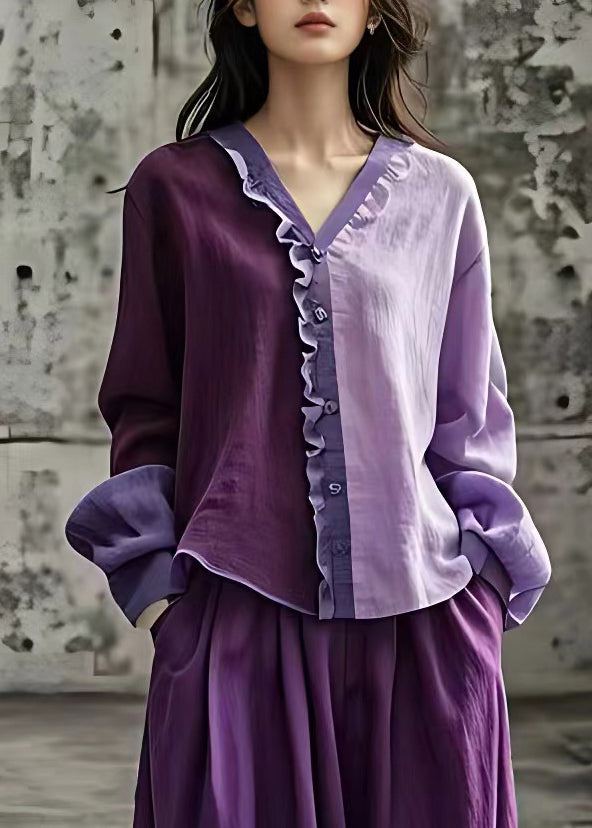 Women Purple V Neck Ruffled Patchwork Tops Long Sleeve