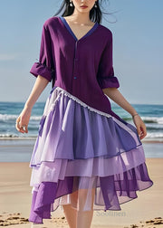 Women Purple V Neck Tulle Asymmetrical Patchwork Cotton Dresses Summer