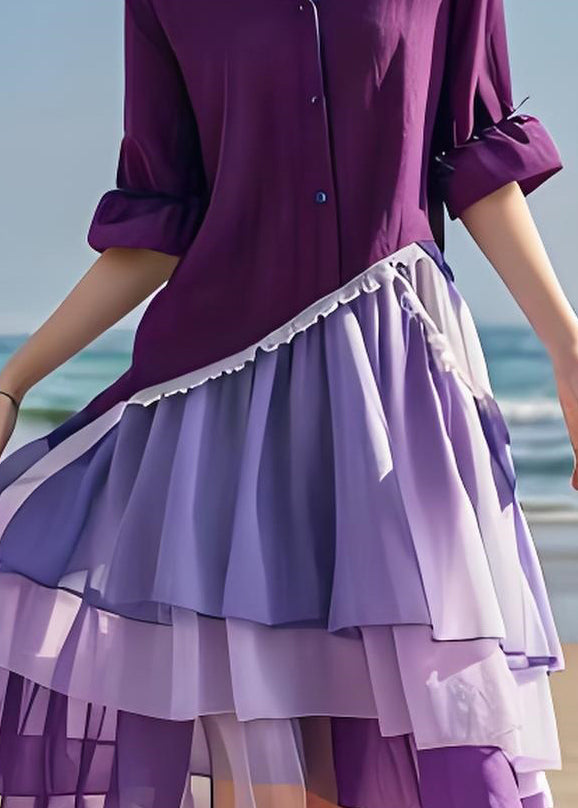 Women Purple V Neck Tulle Asymmetrical Patchwork Cotton Dresses Summer