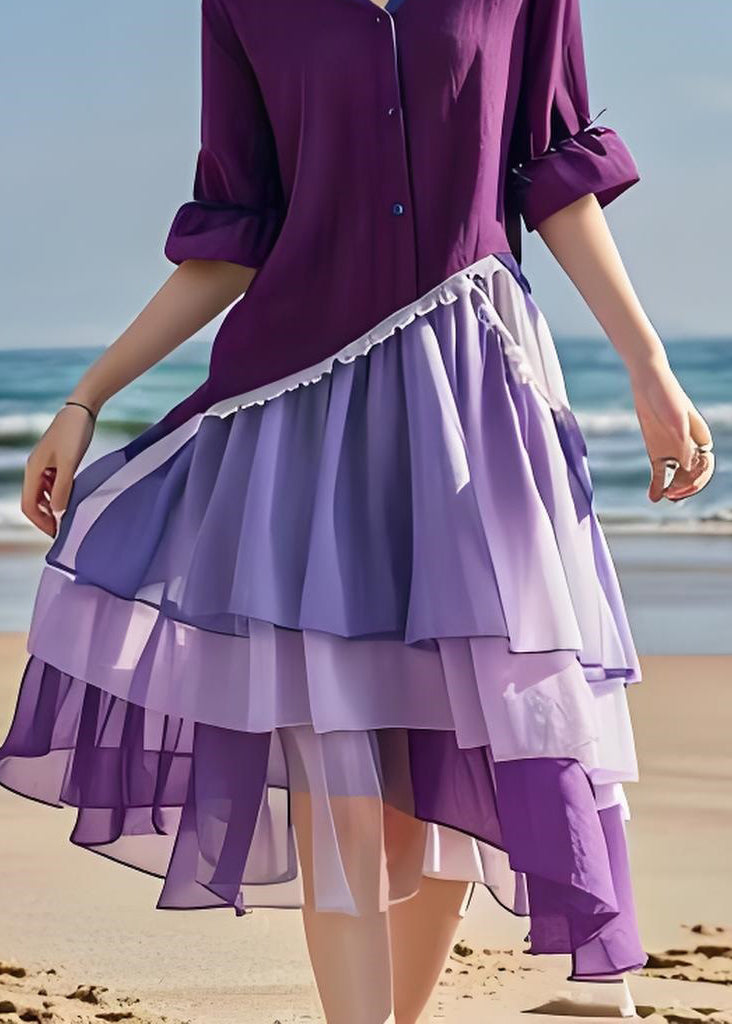 Women Purple V Neck Tulle Asymmetrical Patchwork Cotton Dresses Summer