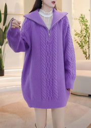 Women Purple Zip Up Cozy Solid Knit Sweaters Winter