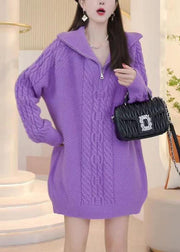 Women Purple Zip Up Cozy Solid Knit Sweaters Winter