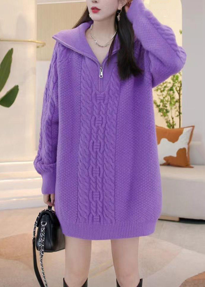 Women Purple Zip Up Cozy Solid Knit Sweaters Winter