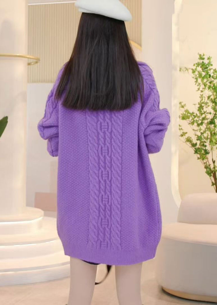 Women Purple Zip Up Cozy Solid Knit Sweaters Winter