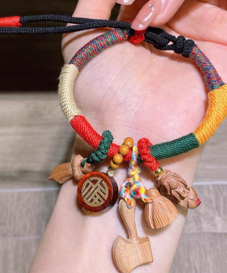 Women Rainbow Hand Woven Mahogany Tassel Charm Bracelet