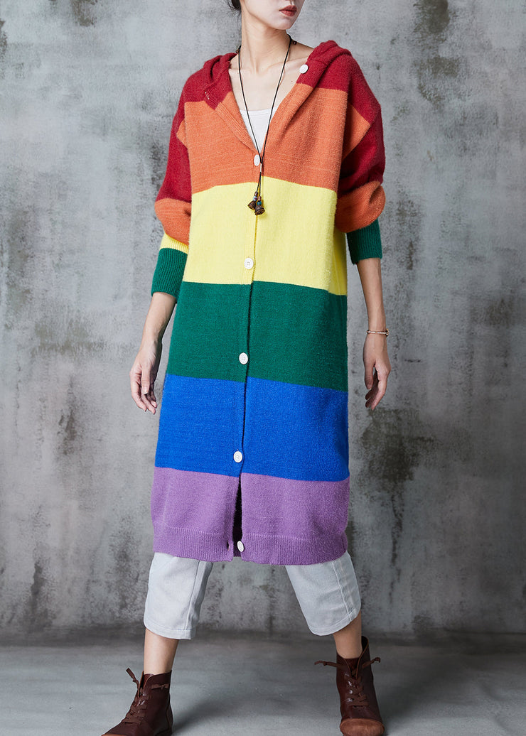 Women Rainbow Hooded Patchwork Knit Long Cardigans Spring