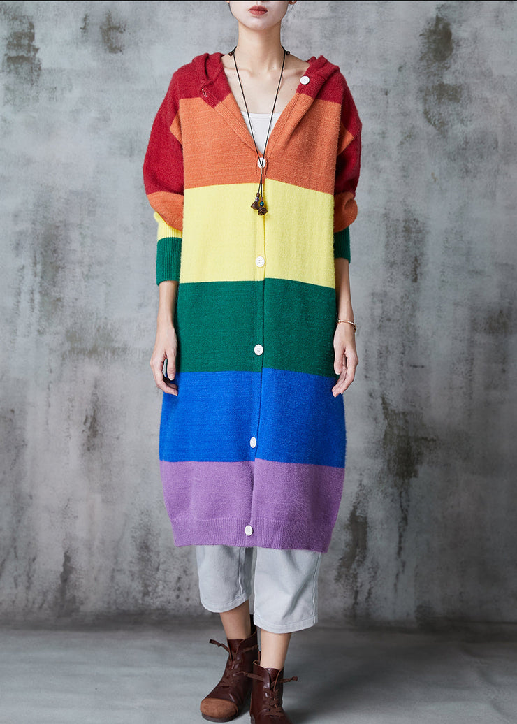 Women Rainbow Hooded Patchwork Knit Long Cardigans Spring