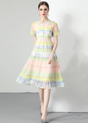 Women Rainbow Ruffled Button Patchwork Chiffon Dresses Summer