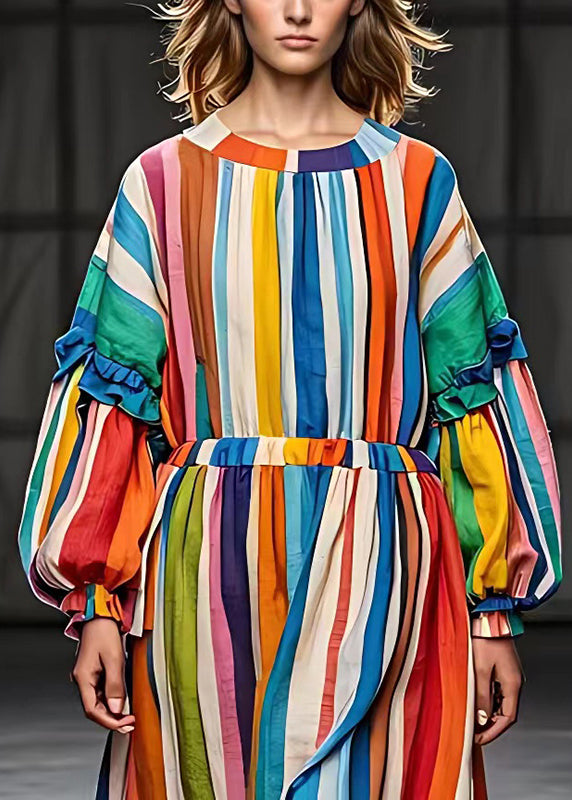 Women Rainbow Ruffled Striped Cotton Vacation Dresses