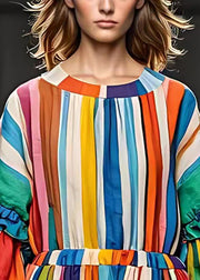 Women Rainbow Ruffled Striped Cotton Vacation Dresses