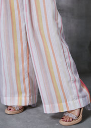 Women Rainbow Striped Cotton Wide Leg Pants Spring