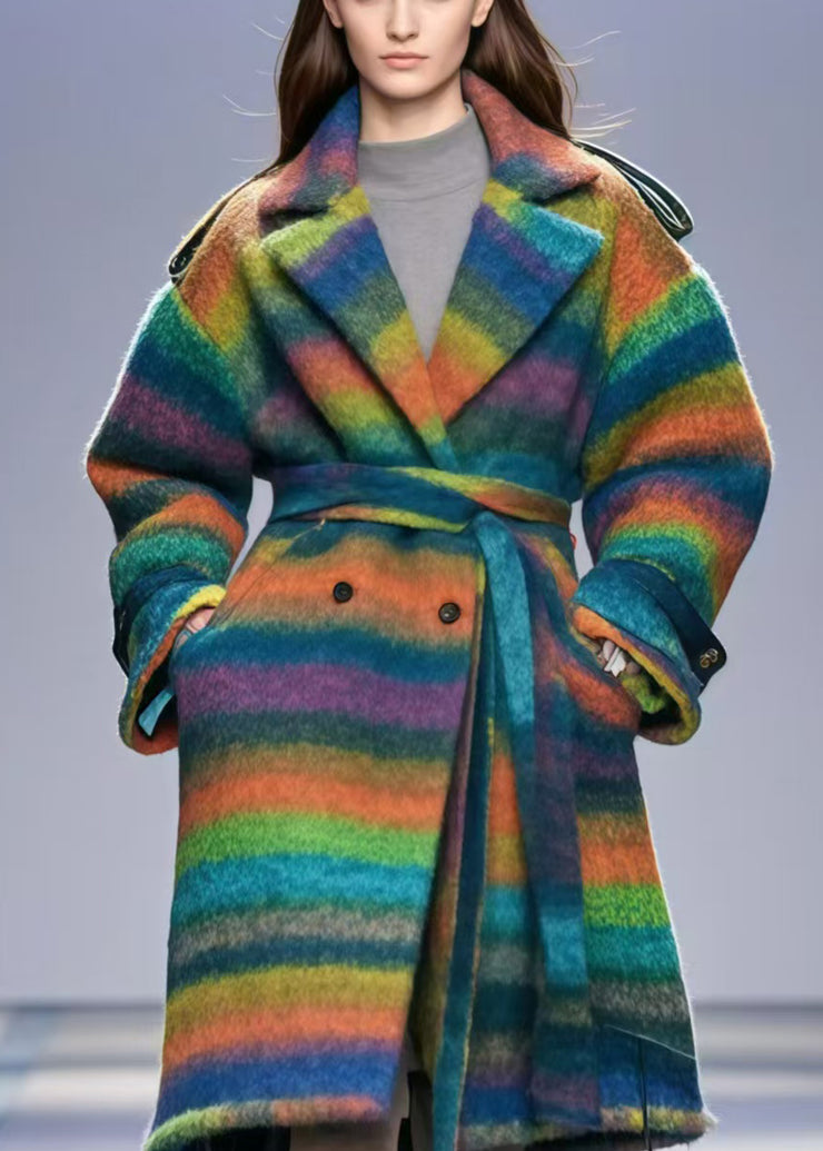 Women Rainbow Striped Double Breast Thick Woolen Trench Fall