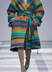 Women Rainbow Striped Double Breast Thick Woolen Trench Fall