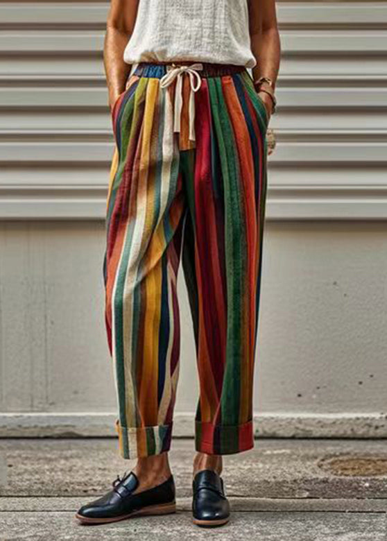 Women Rainbow Striped Pockets Tie Waist Crop Pants Summer