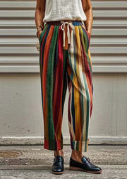Women Rainbow Striped Pockets Tie Waist Crop Pants Summer