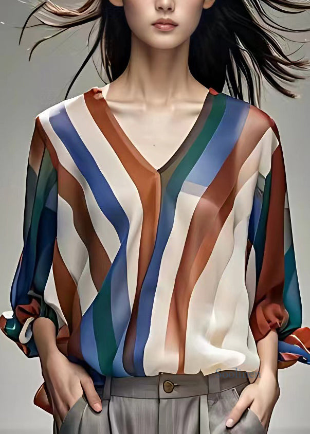 Women Rainbow V Neck Striped Chiffon Shirts Long Sleeve