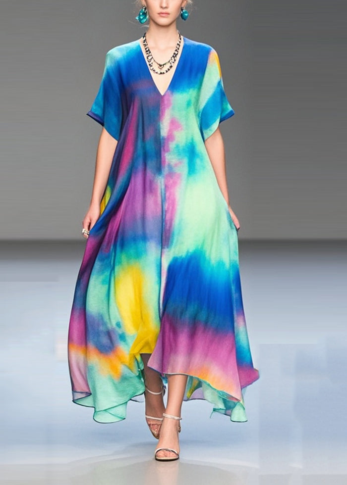 Women Rainbow V Neck Tie Dye Chiffon Holiday Dress Summer