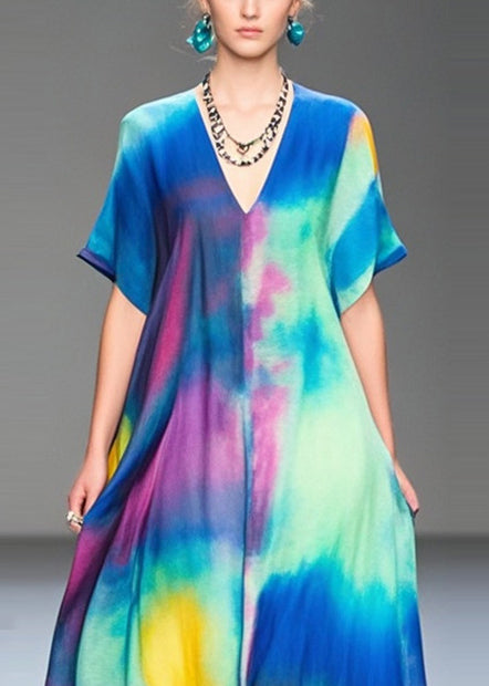 Women Rainbow V Neck Tie Dye Chiffon Holiday Dress Summer