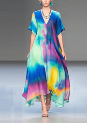 Women Rainbow V Neck Tie Dye Chiffon Holiday Dress Summer