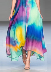 Women Rainbow V Neck Tie Dye Chiffon Holiday Dress Summer