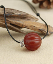 Women Red Agate Pumpkin Shaped Frosted Pendant Necklace