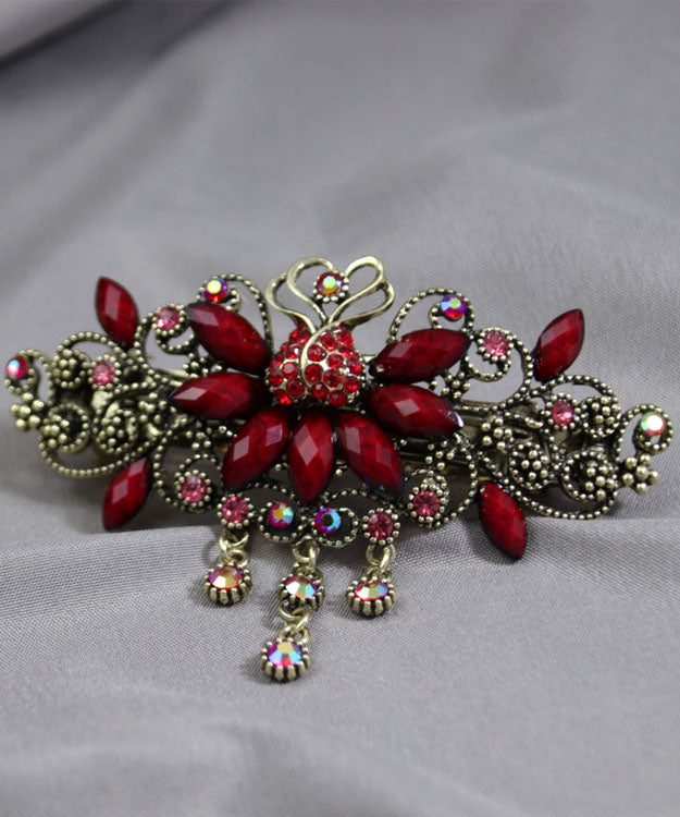 Women Red Alloy Inlaid Gem Stone Butterfly Zircon Hairpin