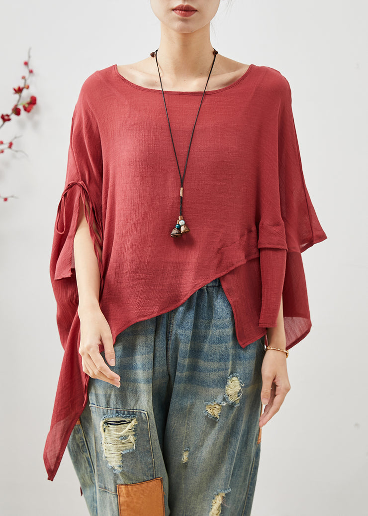 Women Red Asymmetrical Design Cotton Loose Tops Summer