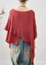 Women Red Asymmetrical Design Cotton Loose Tops Summer