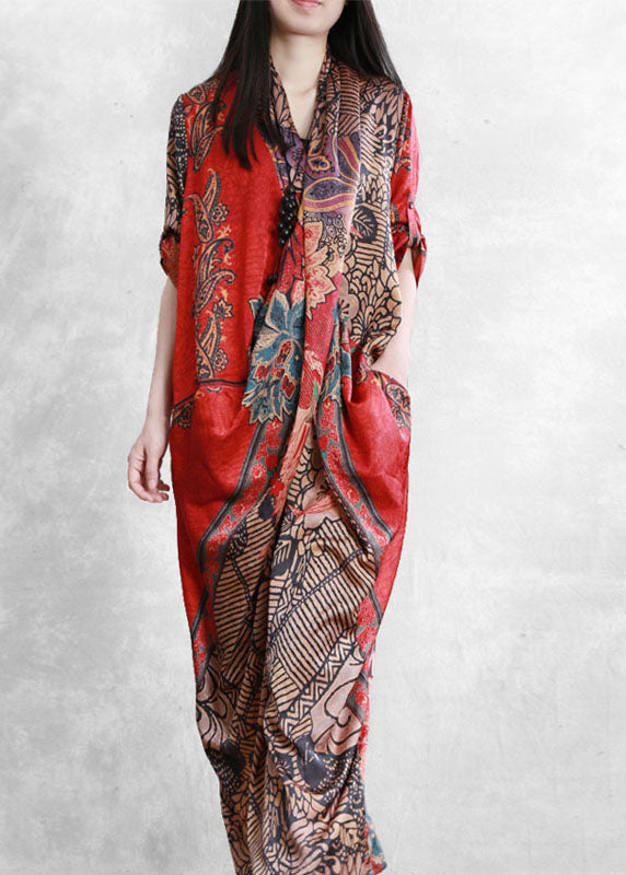 Women Red Asymmetrical Pockets Print Patchwork Silk Long Dress Summer