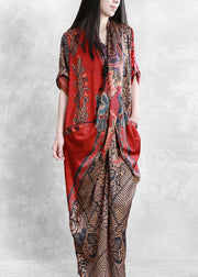 Women Red Asymmetrical Pockets Print Patchwork Silk Long Dress Summer