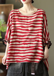 Women Red Asymmetrical Striped Cotton Pullover Spring