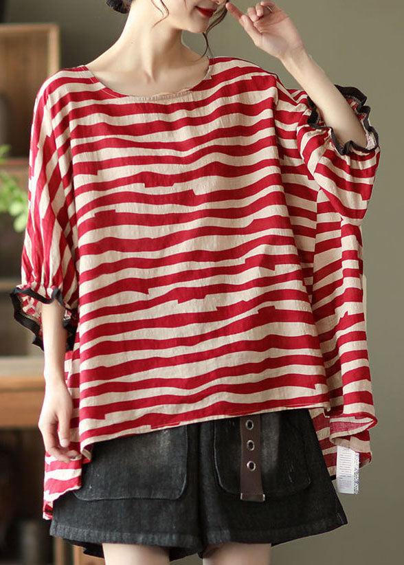 Women Red Asymmetrical Striped Cotton Pullover Spring