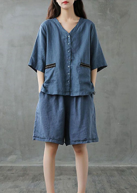 Women Red Button Patchwork Tops And Shorts Linen Two Pieces Set Summer