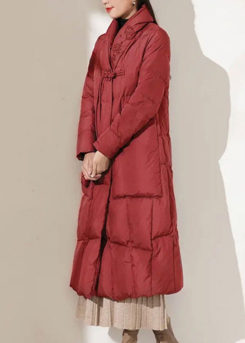 Women Red Button Pockets Patchwork Duck Down Coat Winter