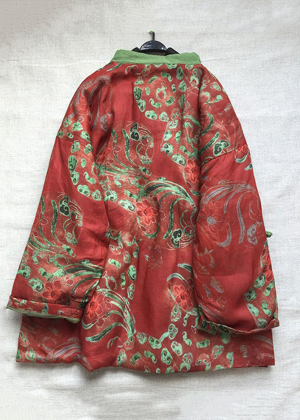 Women Red Button Print Cotton Filled Coats Long Sleeve