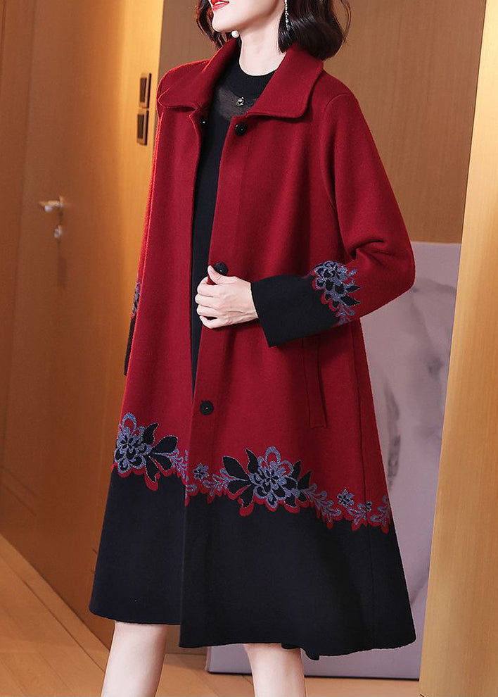 Women Red Button Print Patchwork Cotton Knit Coats Long Sleeve